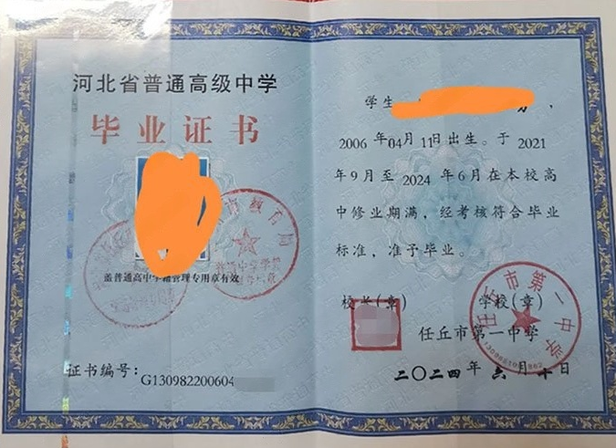 海南任丘市第一中学高中毕业证样本图片